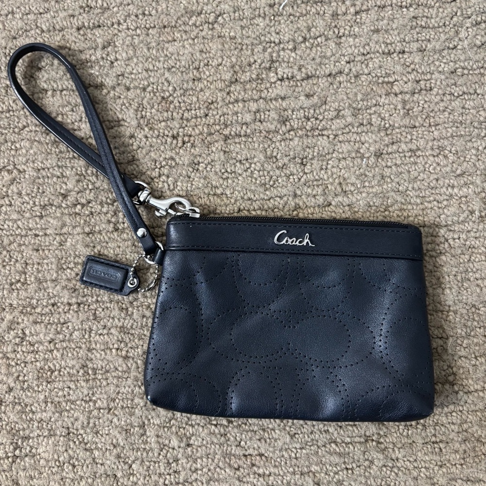 Coach Black Leather Stitched Monogram Wristlet